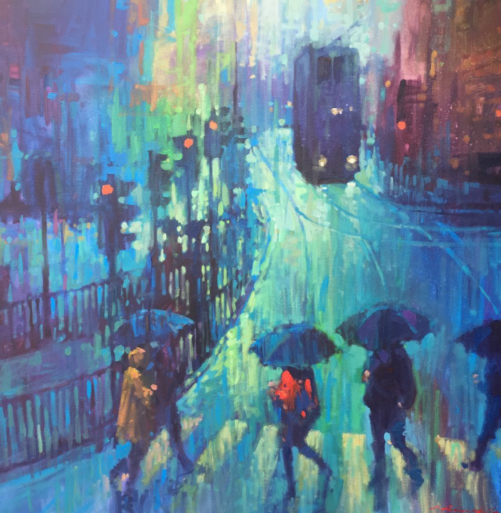 Crossing-Hennessy-road-in-the-rain-Oil-and-acrylic-92cm-x-92cm
